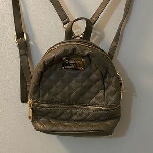 bebe quilted faux leather small mini backpacks in taupe with gold tone hardware